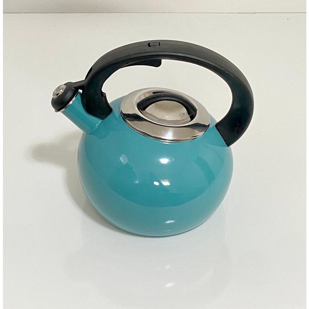 Enamel-on-Steel Whistling Tea Kettle 2.3 Quart Anti-Hot Folding Handle Turquoise - Picture 2 of 8